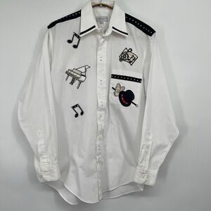 Marquis Womens White Bedazzled Piano Magic Music Embroidered Button Up Shirt Blo